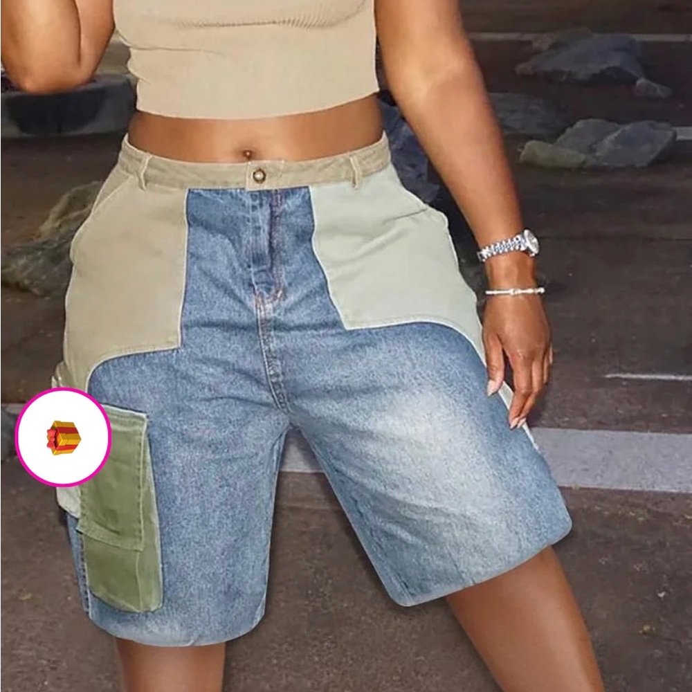 Casual Patchwork Cargo Pockets Denim Shorts